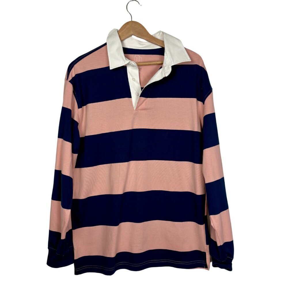 Target Men's Original Use Size M Baby Pink and Navy Blue Striped Collared Shirt